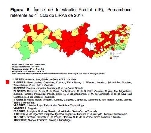Mapa aponta as 85 localidades em risco de surto de arboviroses. Foto: SES/ Divulgao