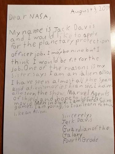 Carta de inteno de garoto de 9 anos para cargo na NASA - Foto: Divulgao