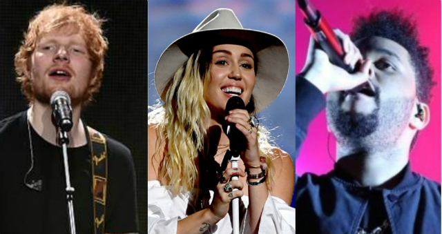Ed Sheeran, Miley Cyrus e The Weeknd so alguns dos nomes que iro performar no VMA 2017. Foto: Independent, E Online e Lucas Tavares/Reproduo