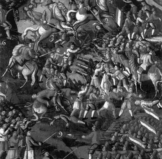 A Batalha dos Guararapes (detalhe de panel hmonimo) foi um dos momentos cruciais da rendio dos holandeses. Crdito: Cepe/Divulgao