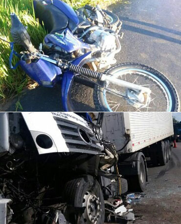 A passageira da moto morreu aps o veculo ser atingido por um caminho na BR-101. Foto: PRF/Divulgao