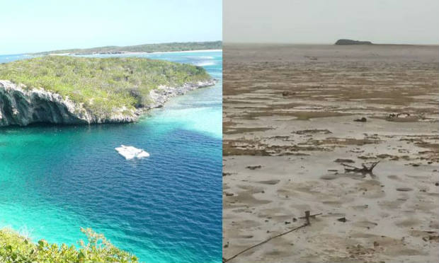 Antes e depois da passagem do furaco Irma em Long Island, Bahamas. Crdito: Wikimedia Commons e Reproduo do Twitter/@deejayeasya