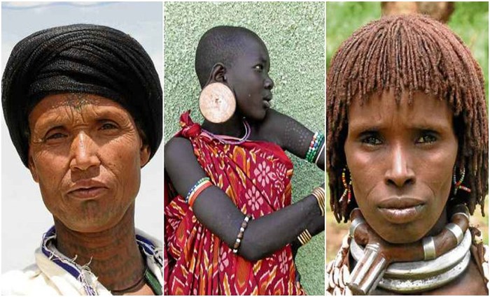 Etopes de trs etnias Amhara, Mursi e Hamer, respectivamente: tons diversos em uma mesma nao africana. Pesquisa baseou-se em amostras genticas de habitantes de 54 pases do continente
 (Alessia Rancaro/Divulgao)