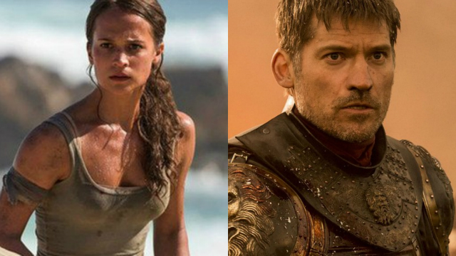 Vikkader vive Lara Croft no cinema, enquanto Nikolaj interpreta Jaime Lannister em GoT. Fotos: Warner/HBO/Divulgao
