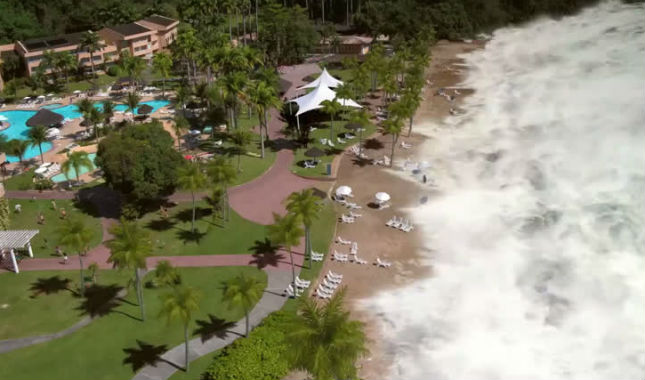 Folhetim mostra tsunami logo nas primeiras cenas. Foto: Record/Divulgao