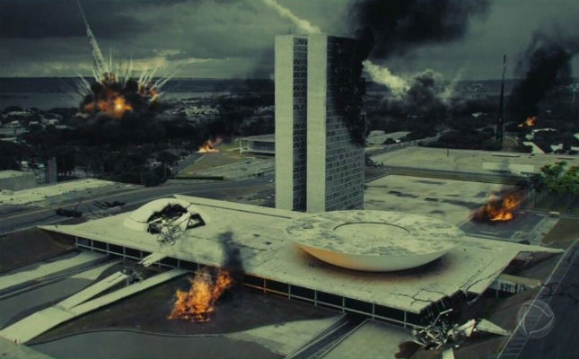 Abertura da novela mostra cenários famosos sendo destruídos pelo "apocalipse", incluindo o Congresso Nacional. Foto: Record/Reprodução Abertura da novela mostra cenários famosos sendo destruídos pelo "apocalipse", incluindo o Congresso Nacional. Foto: Record/Reprodução