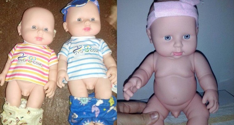 As bonecas que provocaram polmica por usarem roupas femininas e possurem rgo sexual masculino. Foto: Reproduo/Internet