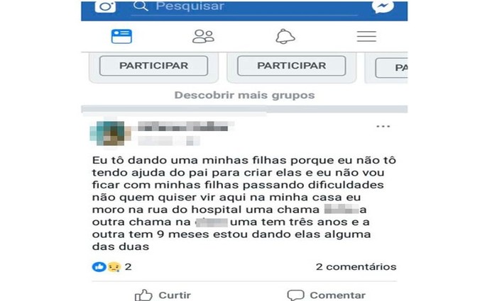 Mulher anunciou doao das filhas em postagem de rede social na Bahia Foto: Reproduo/Facebook)

