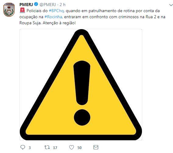 A PM do Rio de Janeiro alertou a populao por meio do Twitter. Foto: Reproduo/Twitter