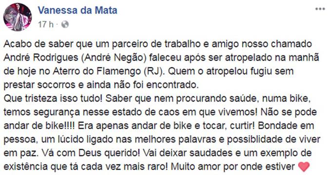 Vanessa da Mata demonstrou todo o seu pesar pela morte do msico (foto: Facebook/Reproduo)