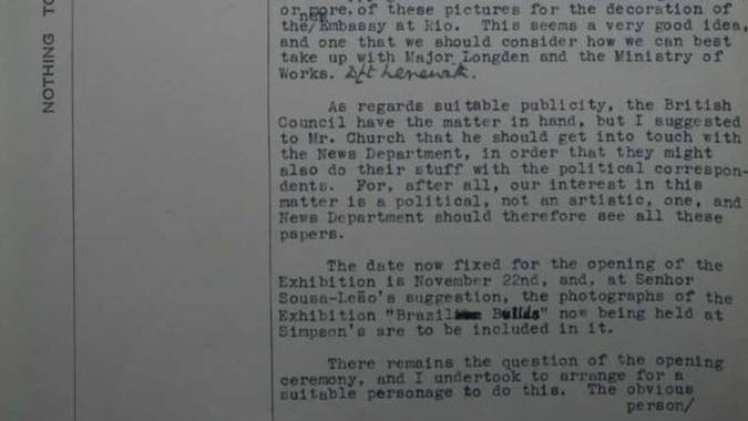 Trecho do documento no qual o diplomata britnico Victor Perowne explica que o interesse da exposio
(foto: Divulgao/Brighton and Hove Museums and Art Galleries)