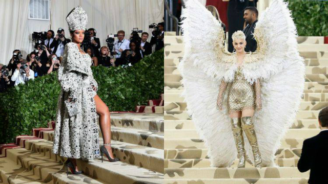 Rihanna aposta em look inspirado no papa, enquanto Katy Perry chegou com asas gigantes. Foto: Angela Weiss/AFP