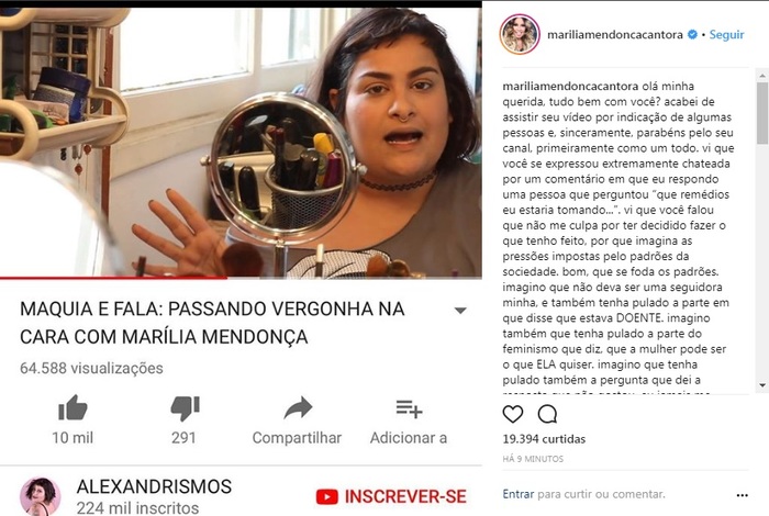 A postagem foi apagada pela cantora sertaneja. Foto: Reproduo/Instagram