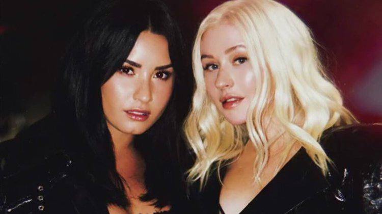 Demi Lovato e Christina Aguilera gravam o clipe de 'Fall in line'. (foto: Instagram/Reproduo)