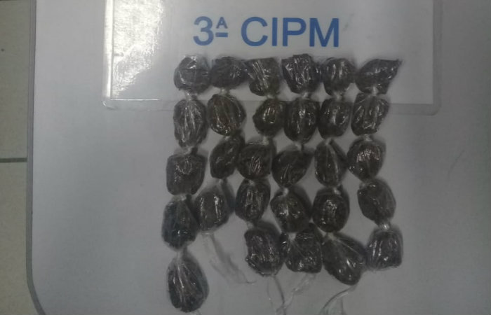 Com os suspeitos, a polcia encontrou 29 big bigs de maconha. Foto: Divulgao/PMPE
