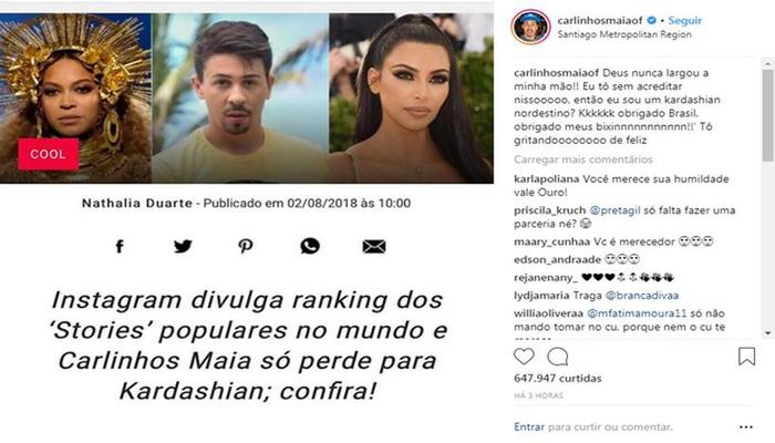 A lista dos mais visualizados conta ainda com nomes como, Beyonc e Whindersson Nunes. Foto: Reproduo/Instagram 