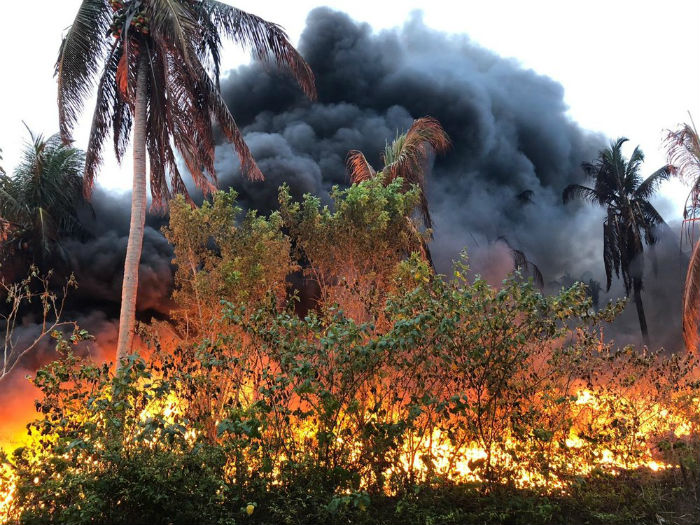 O fogo estava no terreno de uma fbrica de plsticos e atingiu uma grande extenso. Foto: Corpo de Bombeiros de Pernambuco/Divulgao.