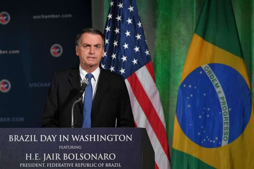 No discurso de 10 minutos na Cmara de Comrcio, Bolsonaro disse que  um presidente amigo dos EUA. Foto: Mandel Nagan/AFP