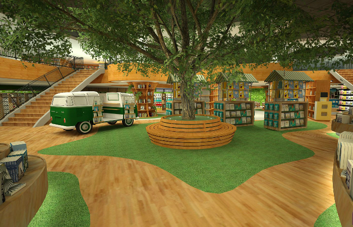 O espao interno vai simular um jardim, com carpetes verdes, uma jaqueira gigante artificial e uma Kombi equipada com livros. Foto: Ponto 5 Arquitetura/Divulgao.