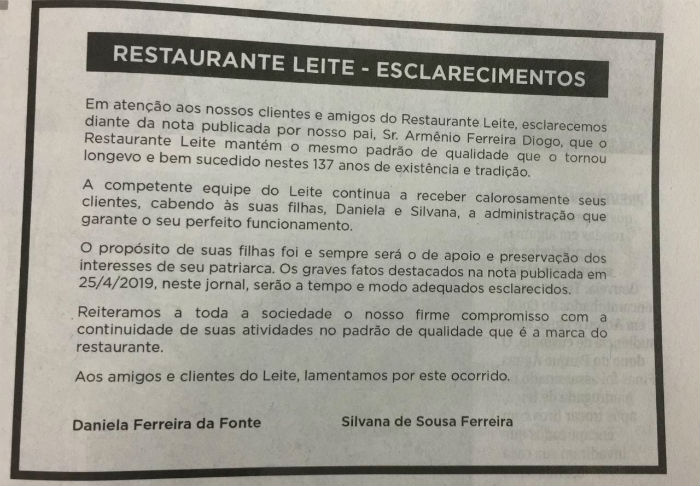Filhas de Armênio também publicaram nota de esclarecimento. Foto: Reprodução. Filhas de Armênio também publicaram nota de esclarecimento. Foto: Reprodução.