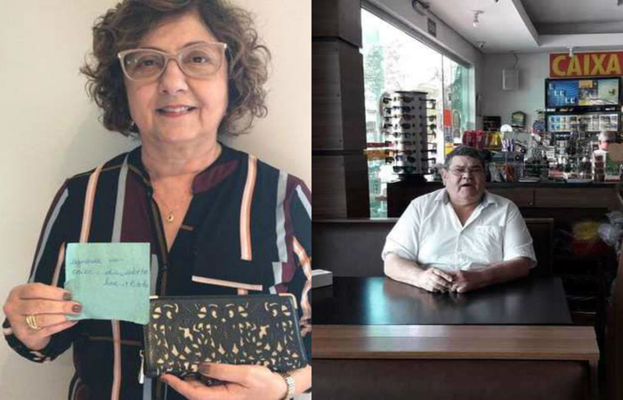 Maria Mazzarela Zaidan, de 67 anos, recuperou sua carteira aps um ano com o dono de restaurante Geraldo da Costa, de 69 anos - Crditos: Arquivo pessoal/Reproduo.