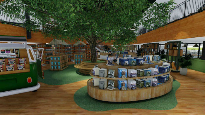 O espao interno vai simular um jardim, com carpetes verdes, uma jaqueira gigante artificial e uma Kombi equipada com livros. Foto: Ponto 5 Arquitetura/Divulgao.
