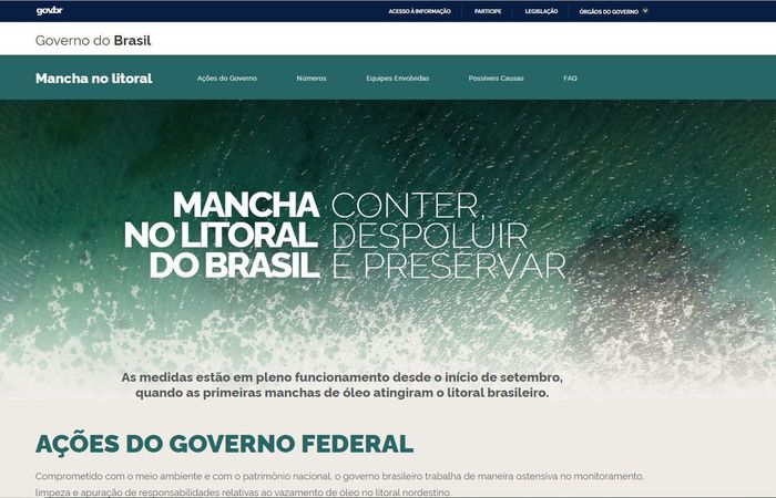 O site rene nmeros e dados de rgos como Marinha, ministrio do Desenvolvimento Regional, IBAMA e ministrio do Meio Ambiente, Exrcito e Petrobras (Foto: Reproduo/Site Manchas no litoral.)