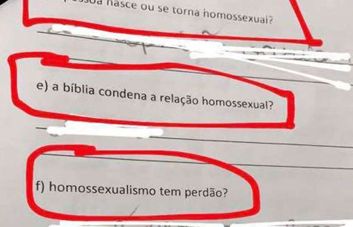 Na avaliação do Colégio Adventista de Correios havia 50 questões dissertativas baseadas em livro religioso, que classifica a homossexualidade como 'escolha' e comportamento passível de 'cura' (Foto: Instagram/Reprodução) Na avaliação do Colégio Adventista de Correios havia 50 questões dissertativas baseadas em livro religioso, que classifica a homossexualidade como 'escolha' e comportamento passível de 'cura' (Foto: Instagram/Reprodução)