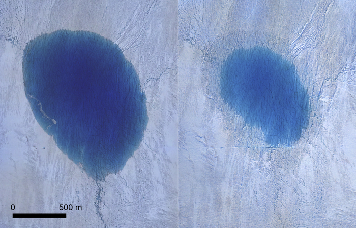 Fotos aéreas tiradas pelo pequeno drone da equipe de pesquisadores mostram a situação do lago antes e depois da infiltração (Foto: Tom CHUDLEY / AFP) Fotos aéreas tiradas pelo pequeno drone da equipe de pesquisadores mostram a situação do lago antes e depois da infiltração (Foto: Tom CHUDLEY / AFP)