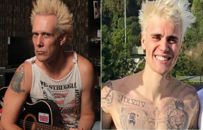 Em uma foto sem camisa ao lado de jovens em um campo esportivo, o cabelo de Bieber, loiro espetado, se assemelha ao do brasileiro (Foto: Reproduo/Twitter)