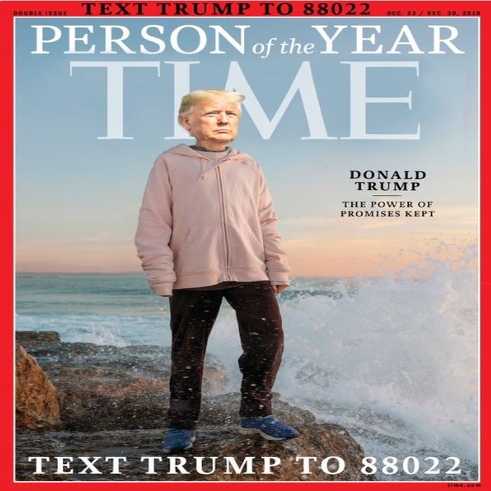 Montagem de capa de revista em que a cabea de Donald Trump foi editada no corpo de Greta Thunberg, eleita a pessoa do ano pela Time. (Foto: Reproduo/Twitter Trump War Room)