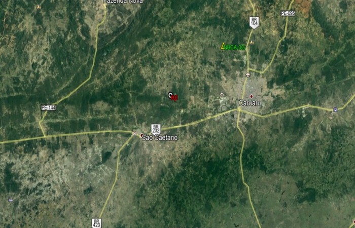 Mapa de localização do tremor em Caruaru. (Foto: Laboratório de Sismologia da UFRN/Divulgação)