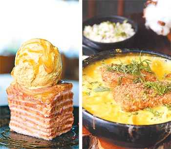 A sobremesa de bolo de rolo e sorvete de paçoca. A moqueca à base de molho de maracujá (Peu Hatz) A sobremesa de bolo de rolo e sorvete de paçoca. A moqueca à base de molho de maracujá (Peu Hatz)