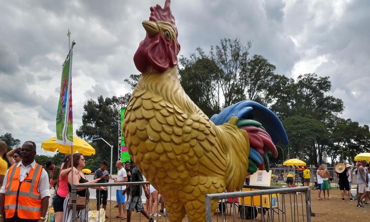 Rplicas do Galo, com 4,5 metros de altura, foram espalhadas pelo Parque Ibirapuera. (Luiza Tin/Divulgao)