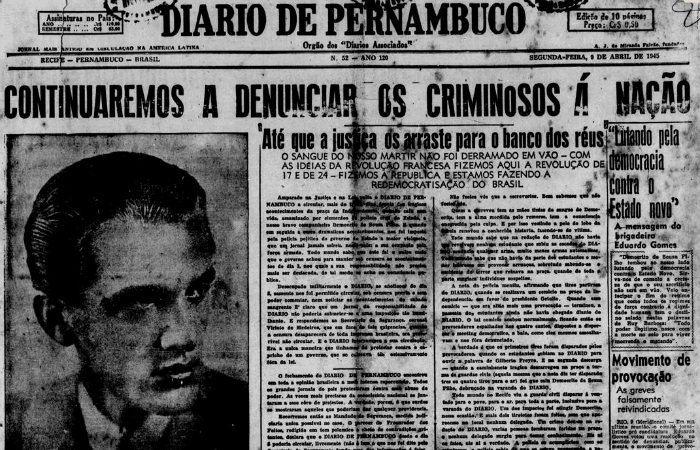 Capa do Diario aps assassinato de Demcrito Souza Filho na Pracinha no Diario (9 de abril de 1945) (Foto: Arquivo DP)