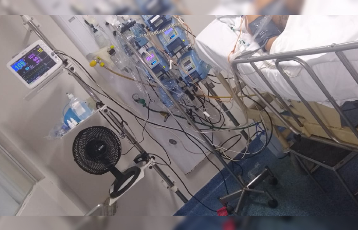 SEEPE denuncia más condições em hospitais estaduais, como o Correia Picanço, referência para casos de infecções. Sindicato alega que ar-condicionado quebrado leva pessoas a usarem ventiladores até em UTIs. (Foto: Cortesia/Whatsapp.)