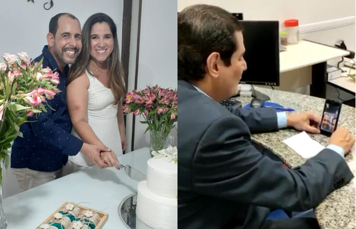 Denise Coutinho e Marcelo Siqueira disseram sim em uma celebrao do juiz da 1 Vara de Famlia e Registro Civil da Capital, Clicrio Bezerra, realizada online (Fotos: Cortesia / Whatsapp)