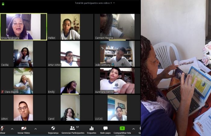 Aula online de Erica Rosangela Pereira, 46 anos, professora de lngua portuguesa na escola Estadual Alusio Germano (Foto: Zoom/Reproduo e Cortesia)