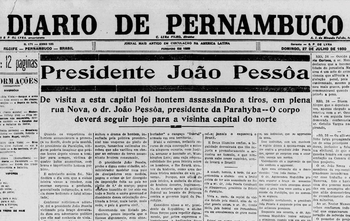 Capa do Diario em 26 de julho de 1930 (Foto: Acervo do Diario de Pernambuco)