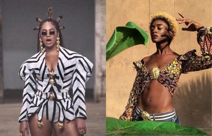 Beyoncé (direita) vestindo roupa idealizada por Loza Maléombho (esquerda) (Foto: Disney/Reprodução e Instagram/Reprodução) Beyoncé (direita) vestindo roupa idealizada por Loza Maléombho (esquerda) (Foto: Disney/Reprodução e Instagram/Reprodução)
