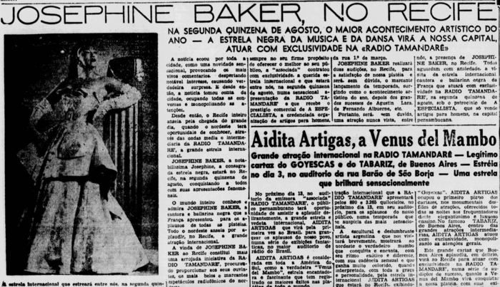 Notcia sobre show de Baker no Recife, publicada em 3 de agosto de 1952 (Foto: Acervo DP)