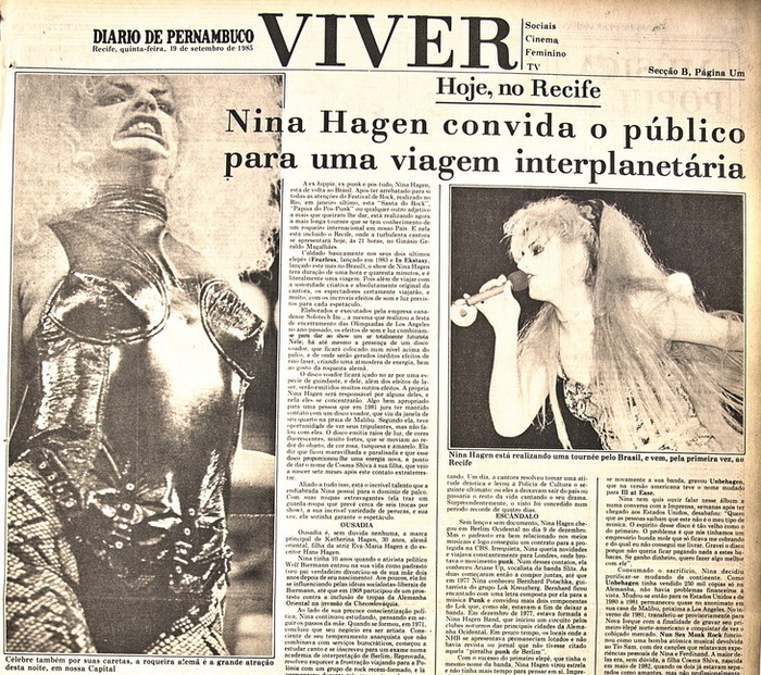Capa do caderno Viver em 18 de setembro de 1985, divulgando show de Nina Hagen. (Foto: Arquivo DP) Capa do caderno Viver em 18 de setembro de 1985, divulgando show de Nina Hagen. (Foto: Arquivo DP)