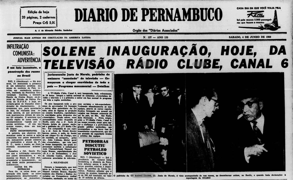 Capa do Diario de Pernambuco no dia da inaugurao da TV Rdio Clube (Foto: Acervo DP)