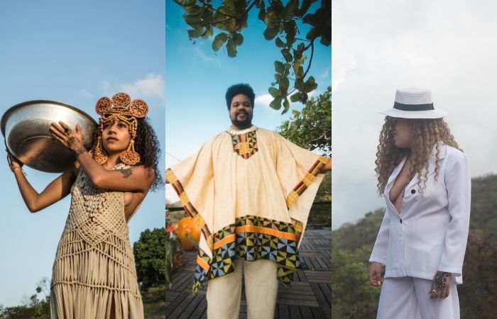 Bell Pu, Amaro Freitas e Bella Kahun nas gravaes de srie em Gravat.  (Foto: Ashlley Melo e Bieco Garcia/Divulgao)