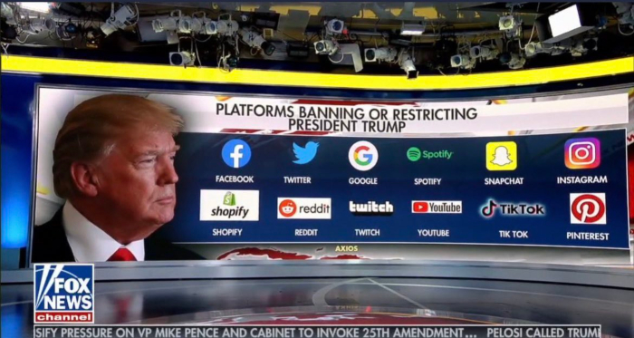 Rede de televiso Fox News mostra lista de redes sociais que impuseram restries a Donald Trump; assunto repercutiu na internet (Foto: Reproduo/ Twitter)