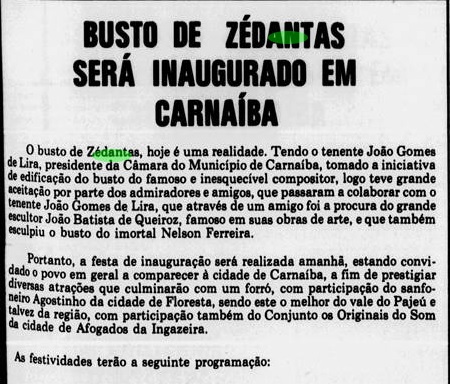 Texto sobre inaugurao de busto, em 13 de outubro de 1978 (Foto: DP Arquivo)