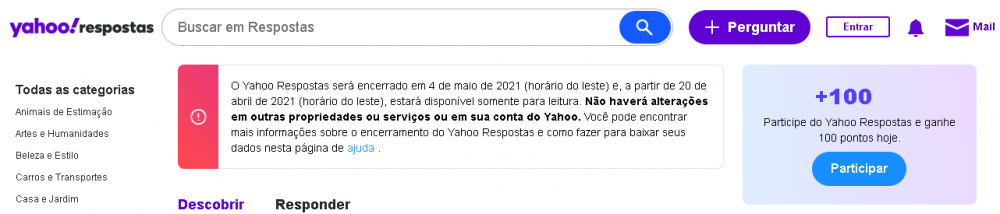  (Comunicado publicado no topo da pgina do Yahoo Respostas. Foto: Print do comunicado)