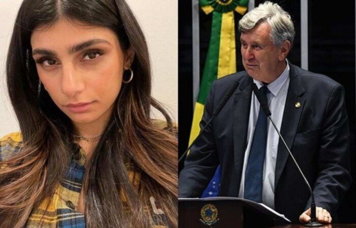 Estrela de filmes adultos, Mia Khalifa viralizou ao ironizar associaes ao discurso do senador Luis Carlos Heinze na CPI da Covid: "aquela sensao de quando voc cura a Covid no Brasil"
 (crdito: Mia Khalifa/Instagram/Reproduo e Divulgao/Senado Federal
)