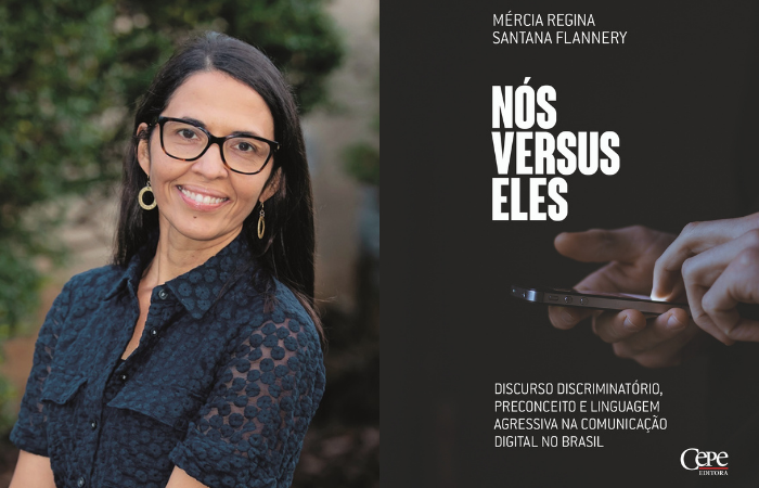 Mércia Flannery e capa do livro Nós Versus Eles (Foto: Cepe/Divulgação) Mércia Flannery e capa do livro Nós Versus Eles (Foto: Cepe/Divulgação)