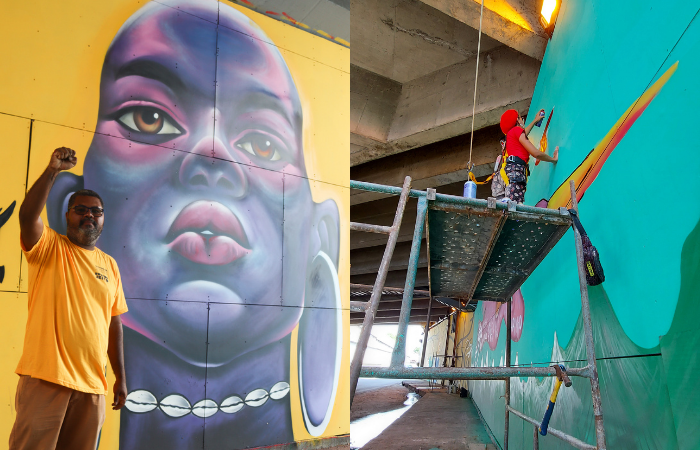 Adelson Boris construiu o painel In (fogo), em que se visualiza uma mulher ladeada por duas sankofas (Foto: Priscilla Melo/Divulgao)